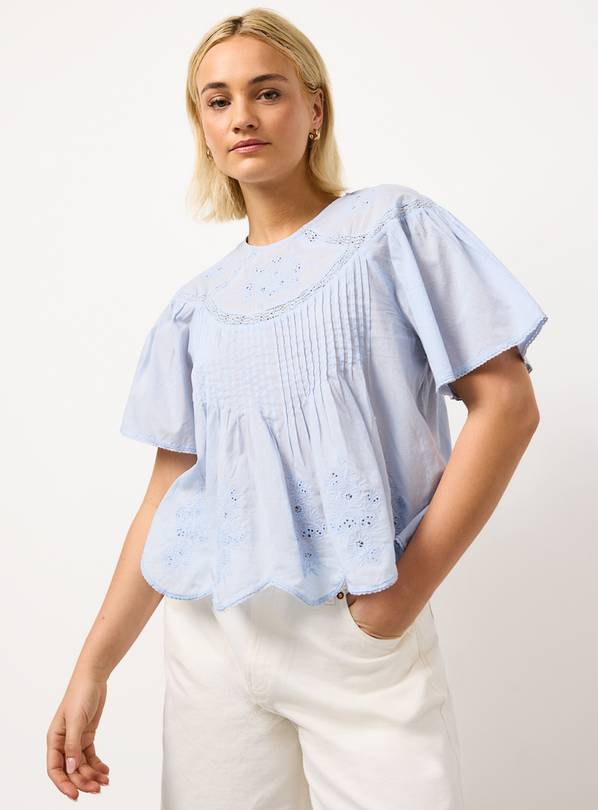 Light Blue Mesh Pintuck Short Sleeve Blouse 14